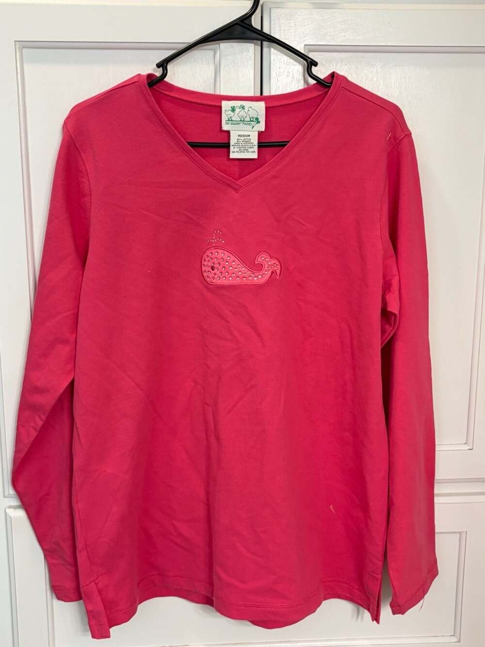 The Quacker Factory Top Women M Pink Rhinestone Whale Y2K Coastal Long Sleeve